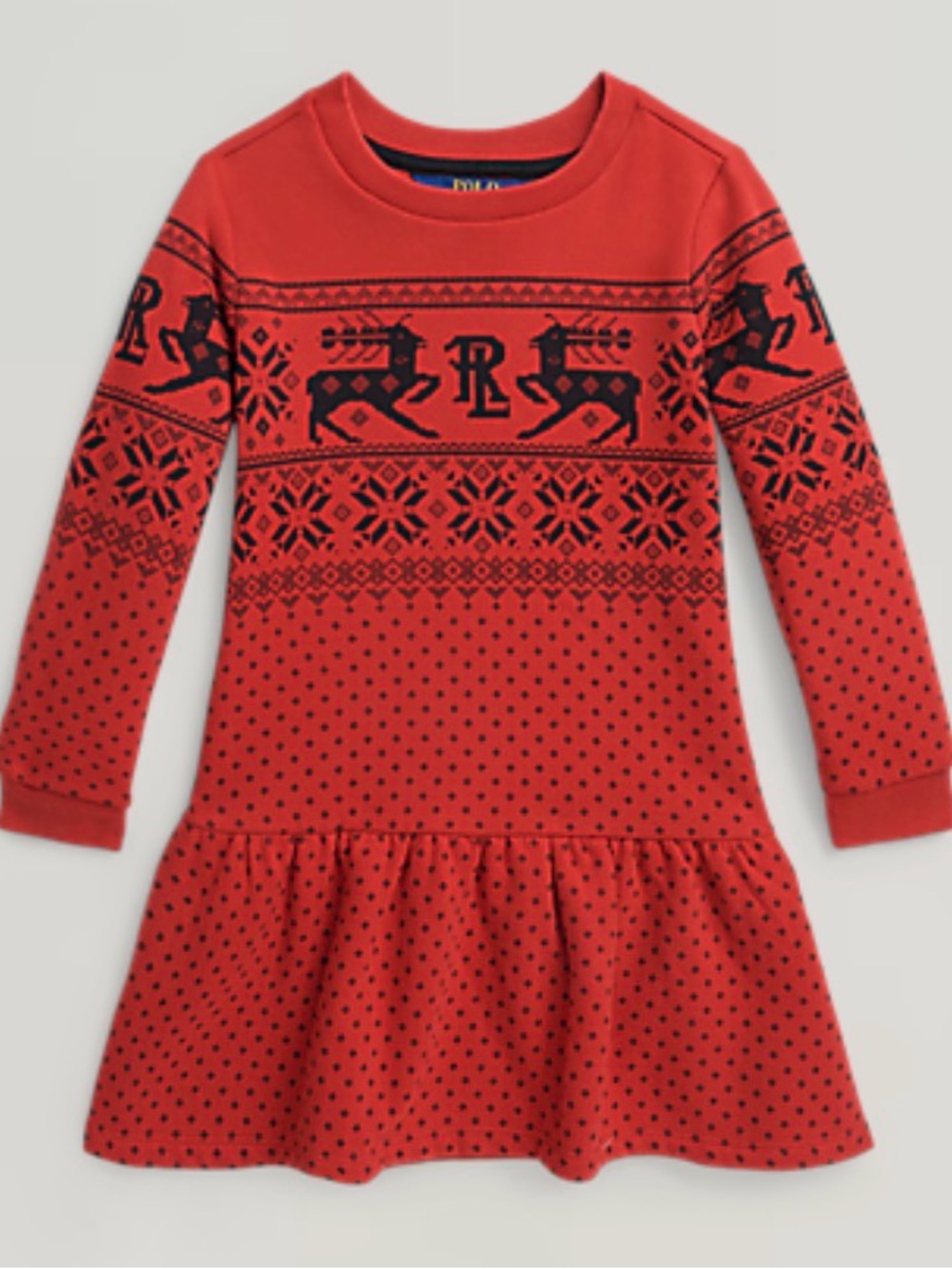 Girl’s Polo Ralph Lauren Fair Isle Black Red Long Sleeve Fleece Holiday Dress 4T